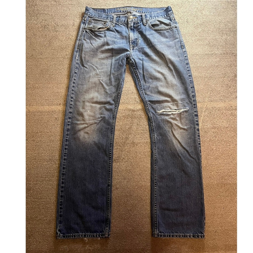 American Eagle Original Straight Leg Jeans Mens 32x32 Distressed Blue Denim